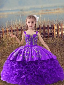 Charming Lavender Fabric With Rolling Flowers Lace Up Straps Sleeveless Pageant Gowns For Girls Sweep Train Embroidery