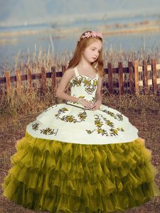 Admirable Olive Green Ball Gowns Organza Straps Sleeveless Embroidery and Ruffles Floor Length Lace Up Child Pageant Dress