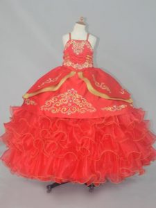 Floor Length Red Little Girls Pageant Dress Wholesale Organza Sleeveless Embroidery and Ruffled Layers
