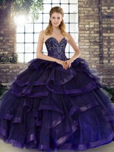 Exquisite Sleeveless Floor Length Beading and Ruffles Lace Up Quinceanera Dresses with Purple