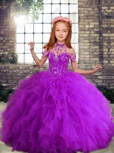 Beauteous Ball Gowns Kids Formal Wear Purple Straps Tulle Sleeveless Floor Length Lace Up
