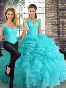 Aqua Blue Off The Shoulder Neckline Beading and Ruffles and Pick Ups Quinceanera Gowns Sleeveless Lace Up