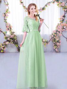 Floor Length Apple Green Vestidos de Damas Scoop Half Sleeves Side Zipper