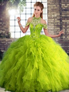 Floor Length Ball Gowns Sleeveless Olive Green Sweet 16 Dress Lace Up