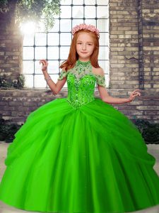 Popular Halter Top Sleeveless Lace Up Child Pageant Dress Green Tulle
