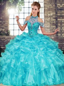 Romantic Aqua Blue 15th Birthday Dress Military Ball and Sweet 16 and Quinceanera with Beading and Ruffles Halter Top Sleeveless Lace Up