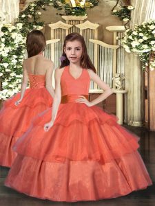 Excellent Orange Red Organza Lace Up Halter Top Sleeveless Floor Length Glitz Pageant Dress Ruffled Layers