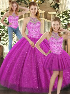 Unique Fuchsia Sleeveless Tulle Lace Up Vestidos de Quinceanera for Military Ball and Sweet 16 and Quinceanera