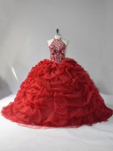 Deluxe Halter Top Sleeveless Court Train Lace Up Quince Ball Gowns Wine Red Organza