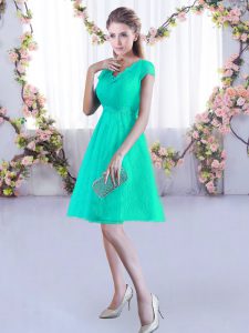 A-line Quinceanera Dama Dress Turquoise V-neck Lace Cap Sleeves Mini Length Lace Up