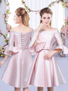 Fantastic Baby Pink Satin Lace Up Off The Shoulder 3 4 Length Sleeve Mini Length Dama Dress Bowknot