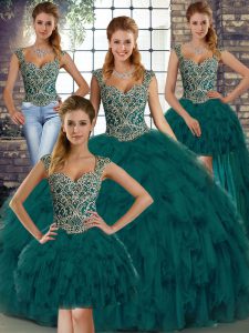 Peacock Green Lace Up Straps Beading and Ruffles Sweet 16 Dress Organza Sleeveless