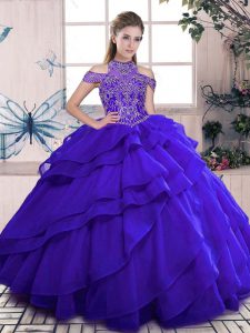 Fantastic Sleeveless Floor Length Beading and Ruffles Lace Up Quinceanera Gown with Blue