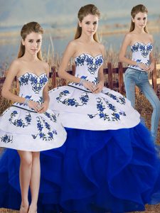 Sumptuous Tulle Sweetheart Sleeveless Lace Up Embroidery and Ruffles and Bowknot Quinceanera Gown in Royal Blue