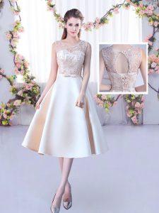 Classical Tea Length Lace Up Quinceanera Court Dresses Champagne for Wedding Party with Lace and Belt