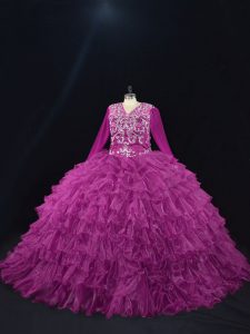 Trendy Organza Long Sleeves Floor Length Sweet 16 Quinceanera Dress and Beading and Ruffled Layers