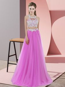 Dazzling Lilac Sleeveless Floor Length Lace Zipper Court Dresses for Sweet 16
