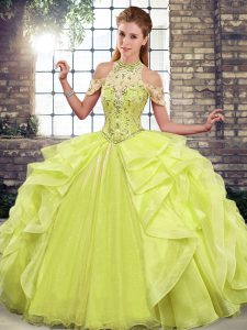 Affordable Beading and Ruffles Sweet 16 Dress Yellow Green Lace Up Sleeveless Floor Length
