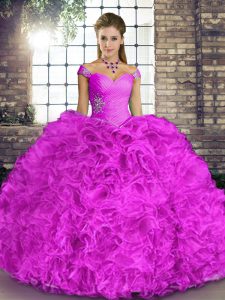 Floor Length Lace Up Quinceanera Dress Lilac for Military Ball and Sweet 16 and Quinceanera with Beading and Ruffles