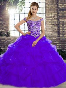Off The Shoulder Sleeveless Tulle Sweet 16 Dresses Beading and Pick Ups Brush Train Lace Up