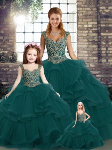 Peacock Green Lace Up Quinceanera Gowns Beading and Ruffles Sleeveless Floor Length