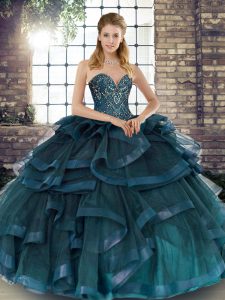 Fashionable Teal Sweet 16 Quinceanera Dress Military Ball and Sweet 16 and Quinceanera with Beading and Ruffles Sweetheart Sleeveless Lace Up