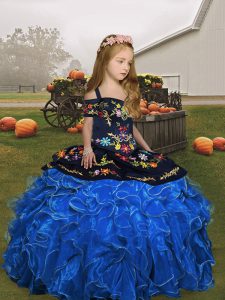 Blue Straps Lace Up Embroidery and Ruffles Little Girls Pageant Dress Sleeveless