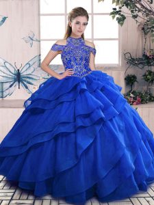 High-neck Sleeveless Organza Ball Gown Prom Dress Beading and Ruffled Layers Lace Up
