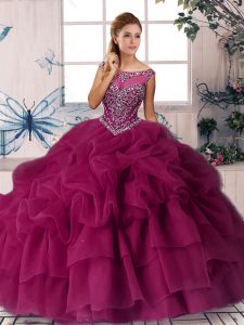 Dramatic Scoop Sleeveless Brush Train Zipper Quinceanera Dress Fuchsia Organza