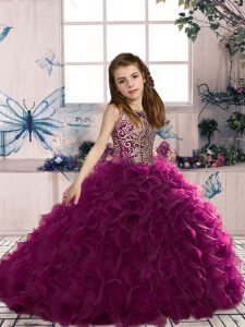Sleeveless Organza Floor Length Lace Up Pageant Gowns For Girls in Fuchsia with Beading and Ruffles
