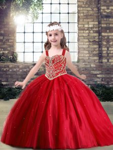 Amazing Tulle Straps Sleeveless Lace Up Beading Child Pageant Dress in Red