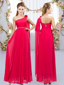 Hot Sale Empire Dama Dress for Quinceanera Red One Shoulder Chiffon Sleeveless Floor Length Lace Up