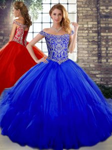 Royal Blue Ball Gowns Tulle Off The Shoulder Sleeveless Beading and Ruffles Floor Length Lace Up Quinceanera Dress