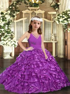 V-neck Sleeveless Pageant Gowns For Girls Floor Length Ruffles and Ruching Purple Organza