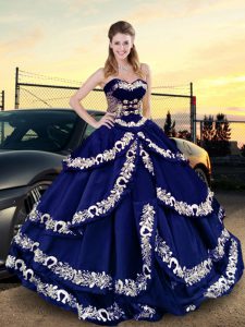 Spectacular Sweetheart Sleeveless Satin Quinceanera Gowns Embroidery and Ruffled Layers Lace Up
