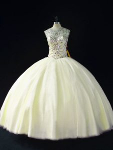 Best Light Yellow Ball Gowns Beading Quinceanera Dresses Lace Up Tulle Sleeveless Floor Length