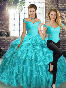 Great Sleeveless Brush Train Lace Up Beading and Ruffles Sweet 16 Quinceanera Dress