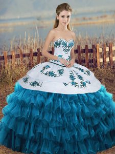 Floor Length Blue And White Quinceanera Gown Organza Sleeveless Embroidery and Ruffled Layers and Bowknot