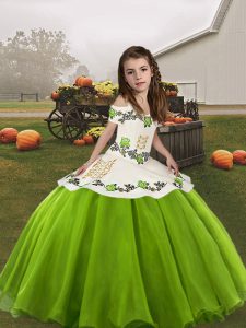 Trendy Green Straps Neckline Embroidery Winning Pageant Gowns Sleeveless Lace Up