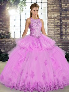 Floor Length Lilac Quince Ball Gowns Tulle Sleeveless Lace and Embroidery and Ruffles