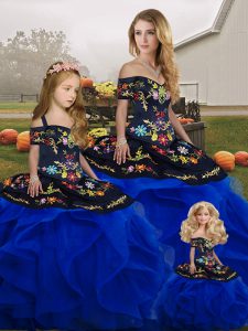Stylish Royal Blue Ball Gowns Tulle Off The Shoulder Sleeveless Embroidery and Ruffles Floor Length Lace Up Vestidos de Quinceanera