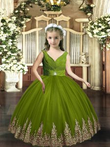 Ball Gowns Little Girls Pageant Dress Wholesale Olive Green V-neck Tulle Sleeveless Floor Length Backless