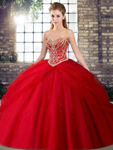 Sweetheart Sleeveless Tulle Sweet 16 Dresses Beading and Pick Ups Brush Train Lace Up