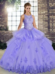 Pretty Floor Length Lavender Quinceanera Dresses Tulle Sleeveless Lace and Embroidery and Ruffles