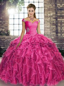 Fuchsia Ball Gowns Organza Off The Shoulder Sleeveless Beading and Ruffles Lace Up Quinceanera Dress Brush Train