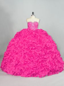 Amazing Sleeveless Organza Brush Train Lace Up Ball Gown Prom Dress in Hot Pink with Beading and Ruffles