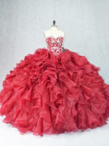 Excellent Sleeveless Organza Floor Length Lace Up Sweet 16 Dress in Burgundy with Beading and Ruffles