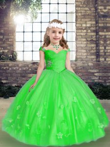 Green Lace Up Evening Gowns Beading and Hand Made Flower Sleeveless Floor Length