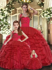 Low Price Red Sleeveless Floor Length Ruffles Lace Up 15 Quinceanera Dress