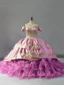 Latest Lilac Organza Lace Up 15th Birthday Dress Sleeveless Chapel Train Embroidery and Ruffles